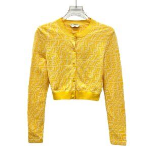 Fendi Yellow logo jacquard all-over print knit cardigan